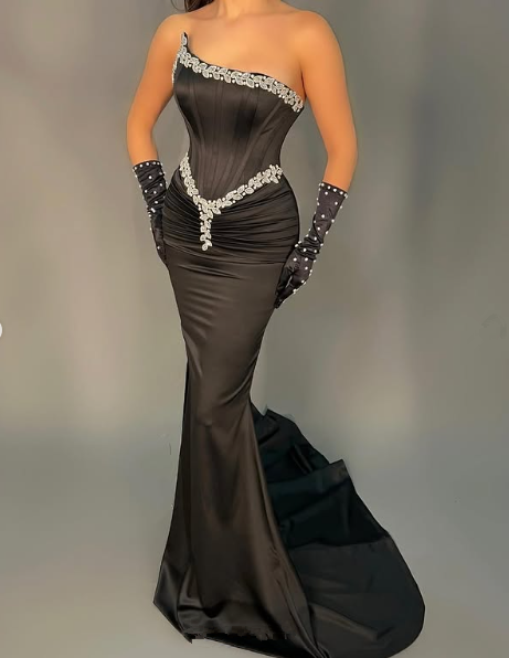 Elegant Black Satin Beaded Mermaid Prom Dress,Strapless Long Party Evening Dress With Gloves