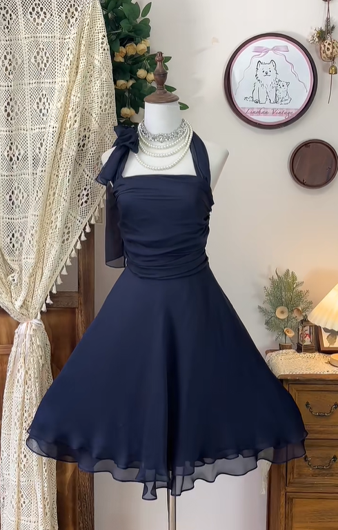 Stylish Navy Blue Chiffon A Line Homecoming Dress Halter Cocktail Dress