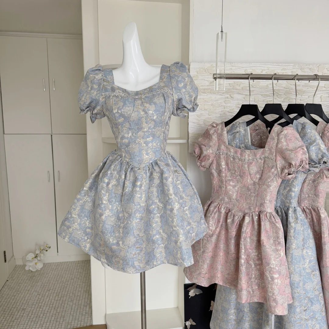 Cute Satin Print Floral Short Sleeves A Line Birthday Outfits Blue Homecoming Dress