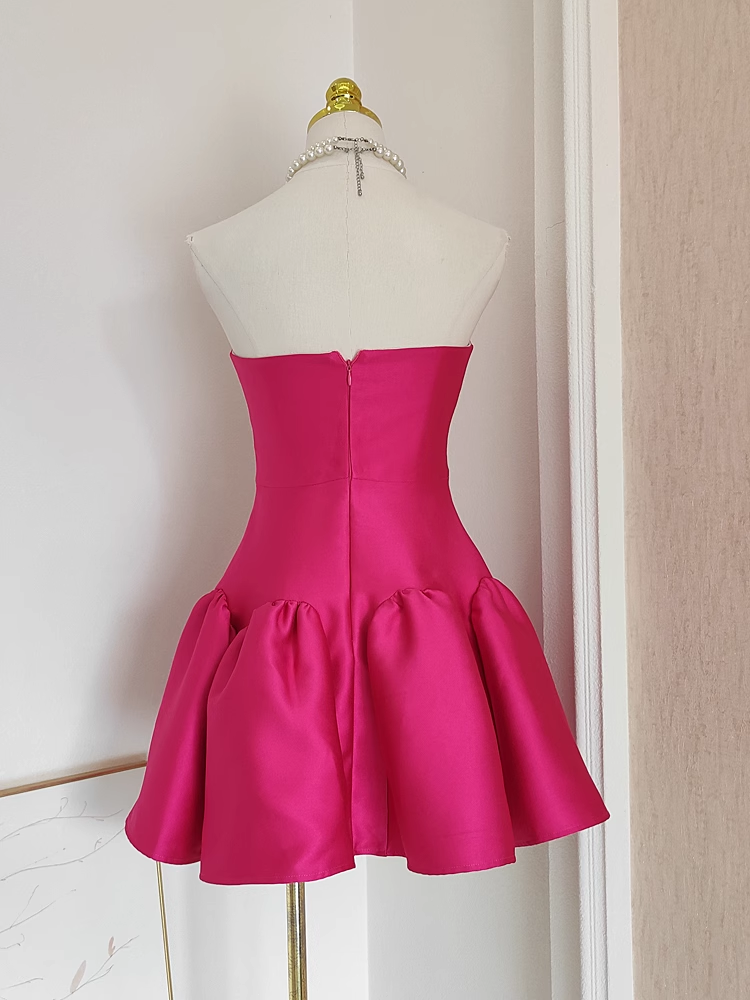 Cheap A line Strapless Hot Pink Satin Short Homecoming Dresses Birthday Outfits