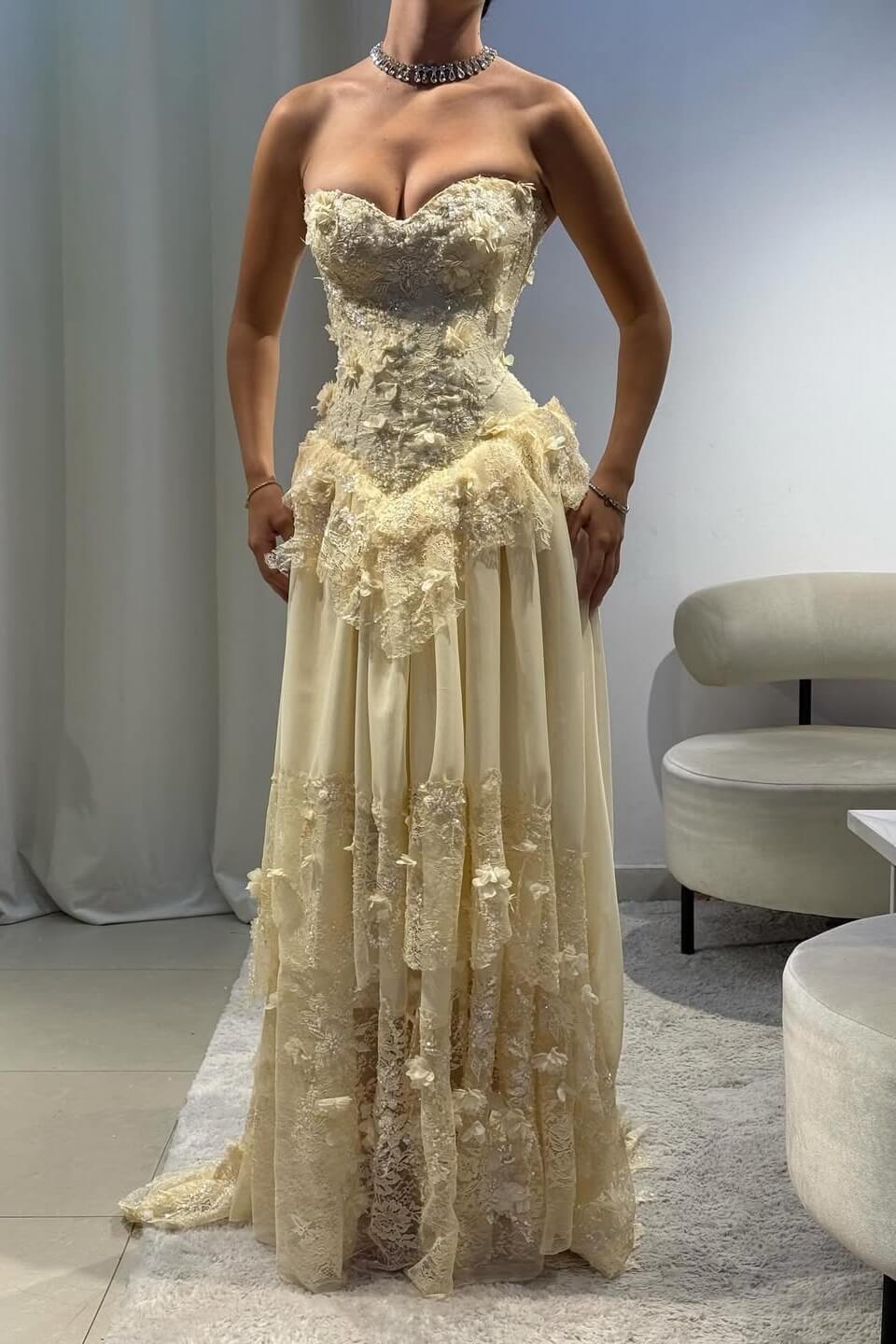 Vintage Yellow A-line Lace Train Prom Dress Evening Dress
