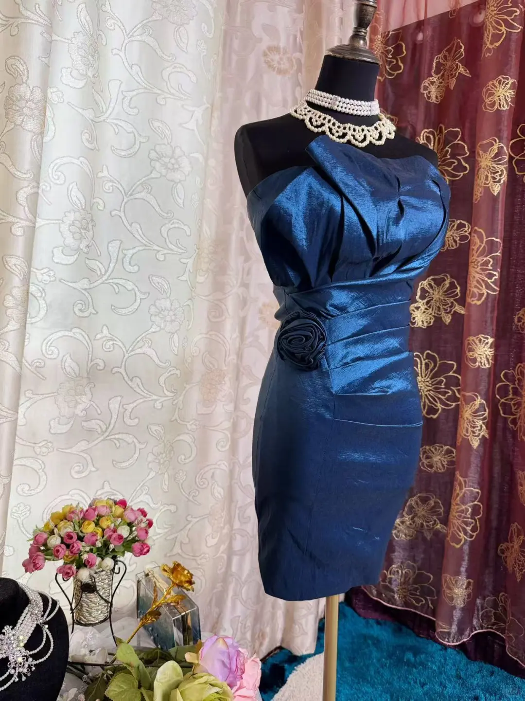 Vintage Strapless Blue Satin Sheath Homecoming Dress Cocktail Dress