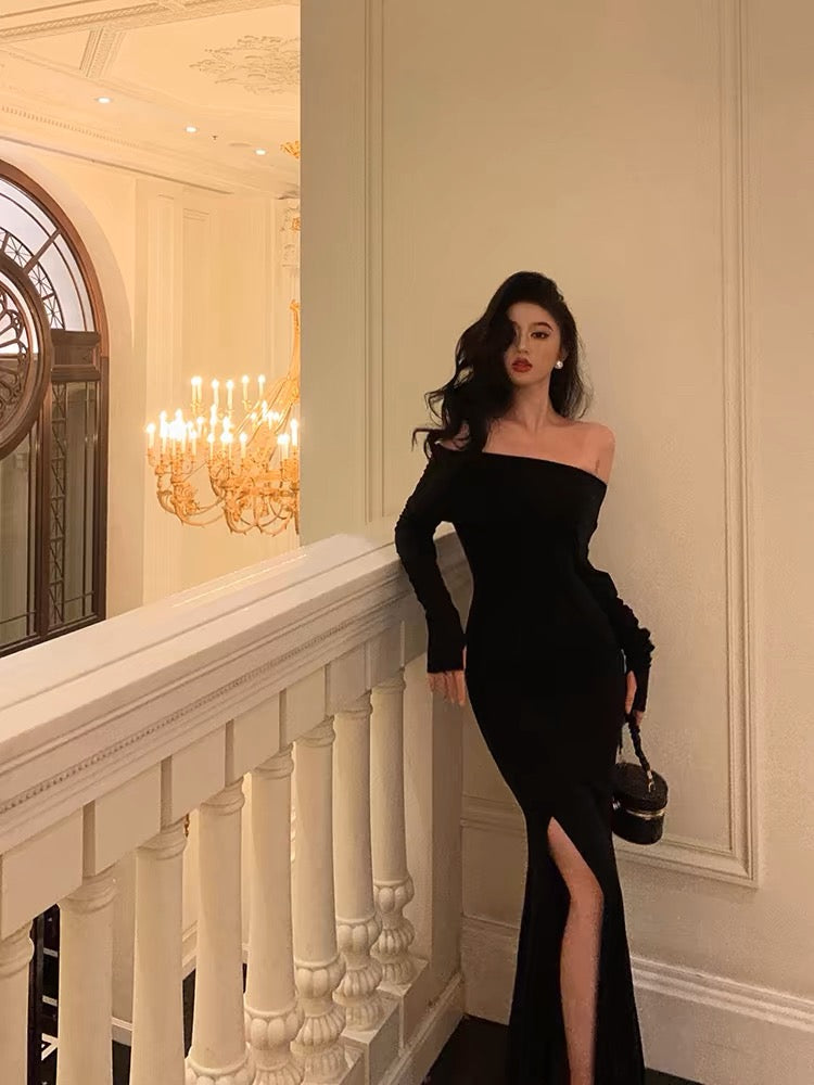 Sexy Sheath Off The Shoulder Black Slit Long Sleeves Prom Dresses Birthday Outfits