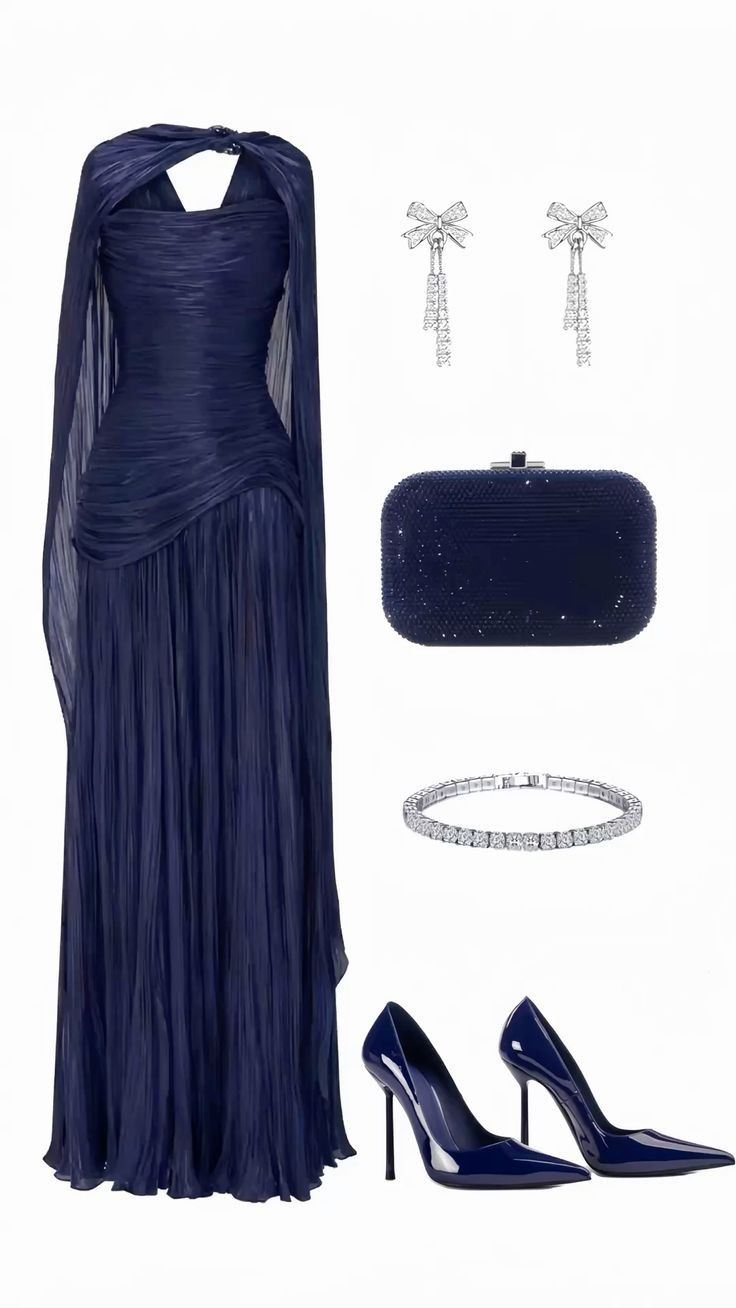 Charming Navy Blue Chiffon Pleated Long Wedding Guest Dress Formal Evening Dress