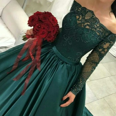 modest dark green party dress, off the shoulder prom dresses ,prom dress with long sleeves, evening gowns with lace