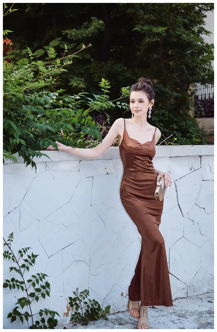 Stylish Spaghetti Straps Brown Satin Mermaid Long Evening Dress Formal Wedding Guest Dress