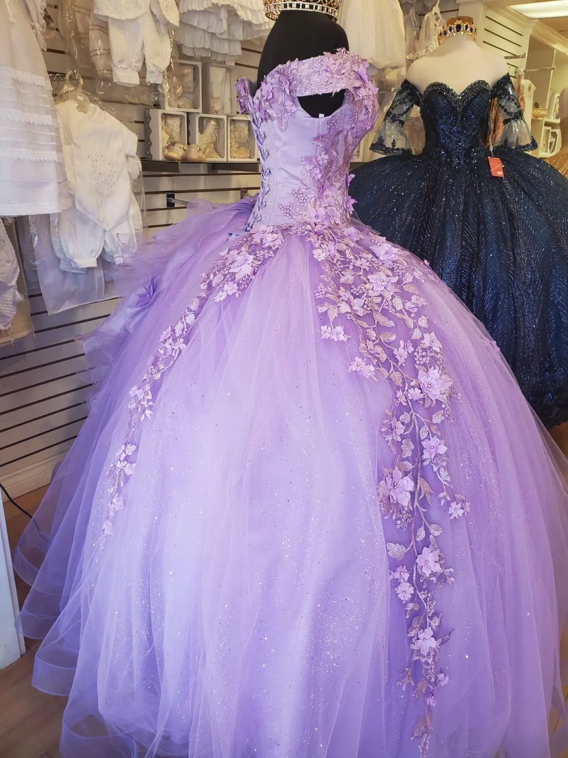 Off-The-Shoulder Lavender Tulle Quinceanera Dresses Flowers Ball Gown Sweet 15