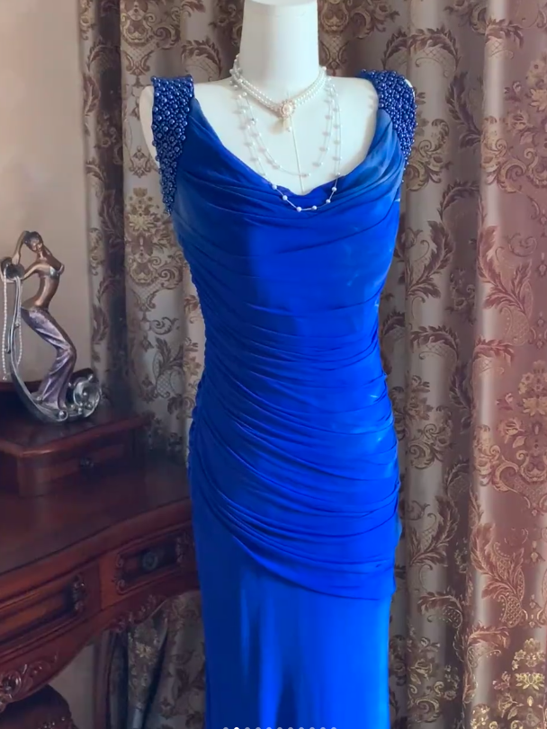 Sexy Royal Blue Tulle Pleated Beaded Mermaid Long Wedding Guest Dress Evening Dress