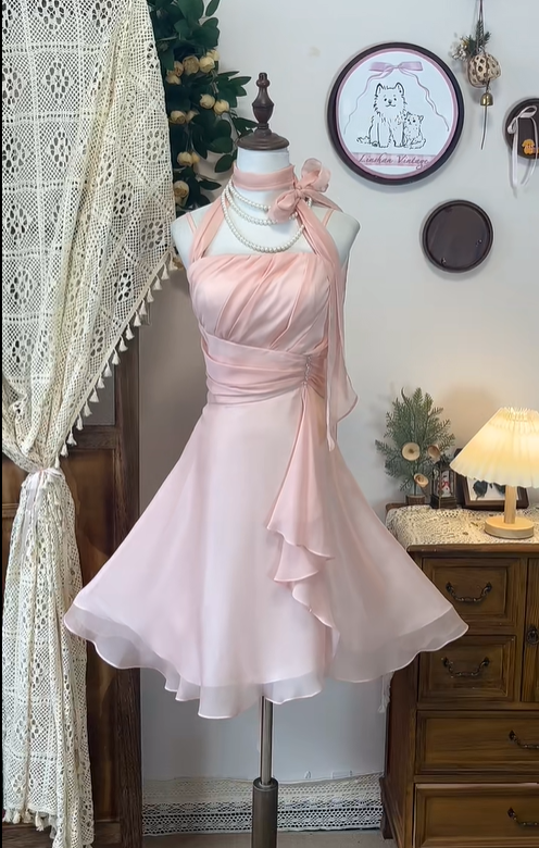 Classy Pink Halter Chiffon A Line Homecoming Dress Short Birthday Dress