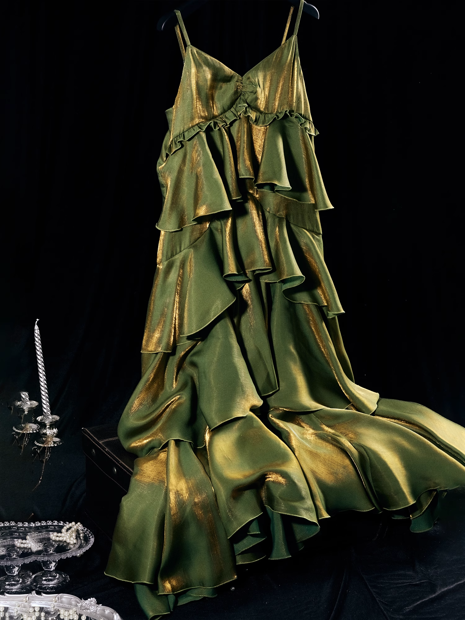French Retro A line Spaghetti Straps Green Long Prom Dress Birthday Dresses