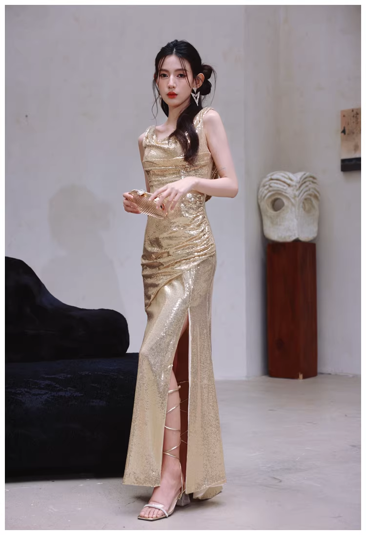 Fashion Gold Sleeveless Sequin Slit Mermaid Long Evening Dress Formal Wedding Guest Dress
