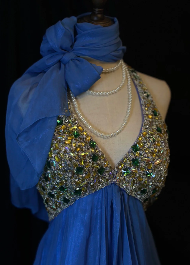 Gorgeous Halter Blue Chiffon Beaded Cocktail Dress Formal Homecoming Dress