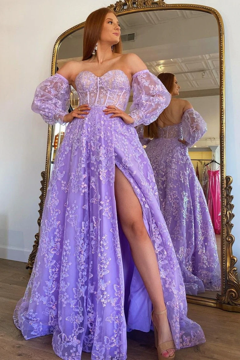 Sparkle Princess Bustier Puff Sleeve Lace Long Prom Dress Detachable Sleeves Evening Dress