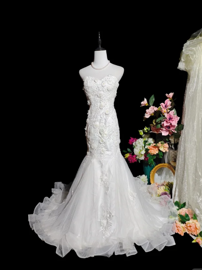 Fairy Strapless White Tulle Appliques Mermaid Long Party Dress Birthday Evening Dress