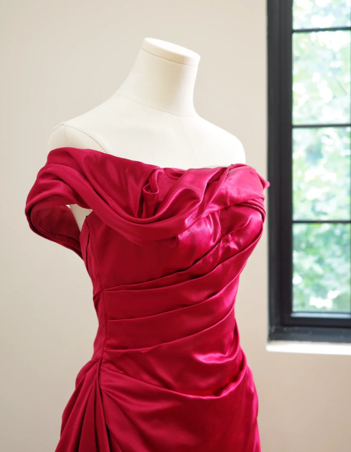 Pretty One Shoulder Red Satin Pleated Long Wedding Guest Dress Formal Birthday Party Dress