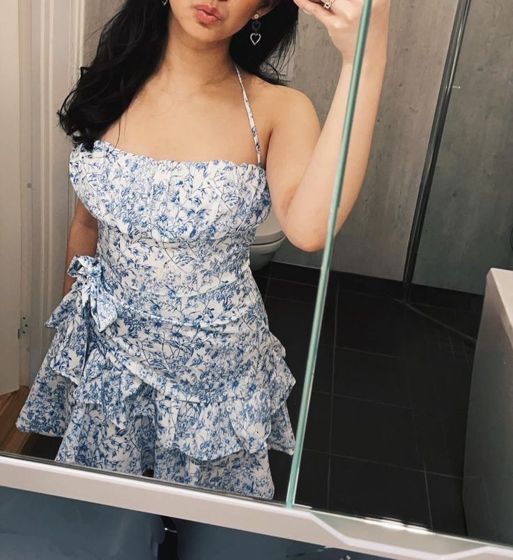 Classy Halter Blue Print Floral Ruffle Short Party Dress Formal Homecoming Dress Birthday Outfits