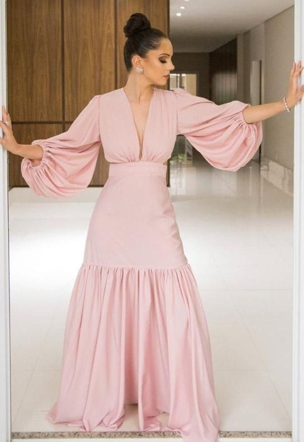 Elegant Pink Mermaid Prom Dress With Long Sleeves,Pink Evening Gown