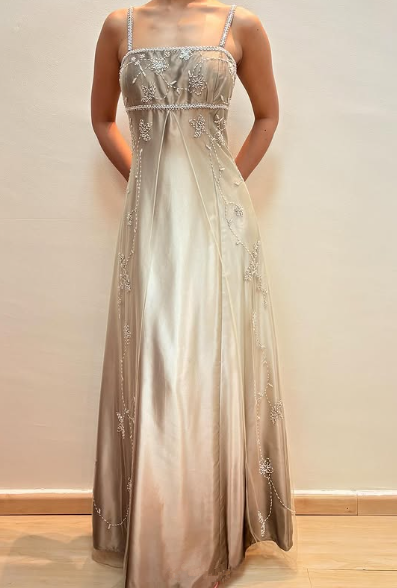 Vintage Spaghetti Straps Beaded Satin Evening Dress,A Line Formal Party Prom Dress