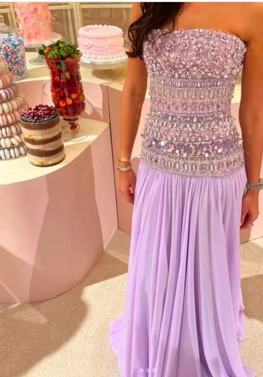 Classy Strapless Purple Chiffon Beaded Long Party Dress Evening Gown