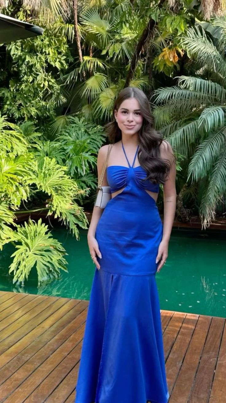 Unique Blue Halter Memaid Party Evening Gown