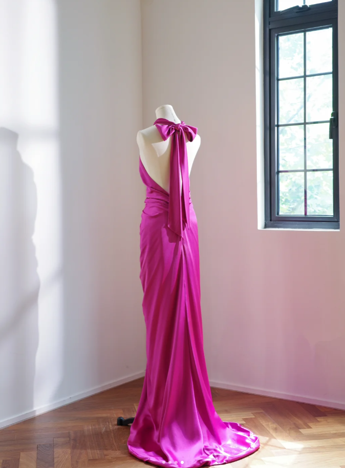 Elegant Halter Hot Pink Satin Pleated Mermaid Long Wedding Guest Dress Party Dress