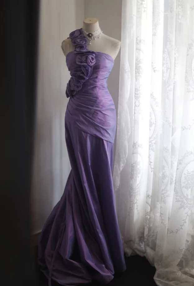 Elegant Purple One Shoulder Satin Floral Mermaid Long Party Dress Formal Wedding Guest Dress