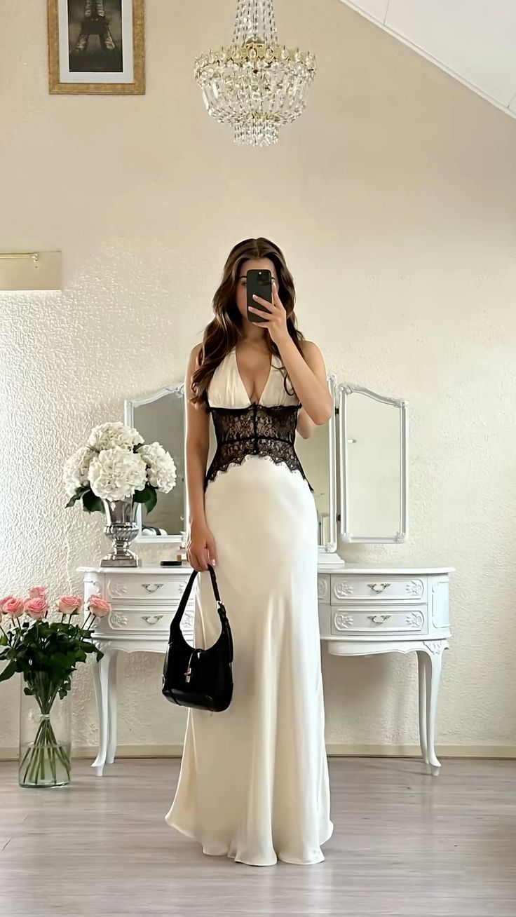 Pretty Halter Ivory V Neck Satin Lace Mermaid Long Party Dress Formal Wedding Guest Dress