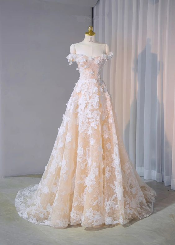 Champagne Prom Dress, Cathedral Train Wedding Dress, Flower Lace Prom Dress, Off-the-shoulder Gown, Bridal Dress