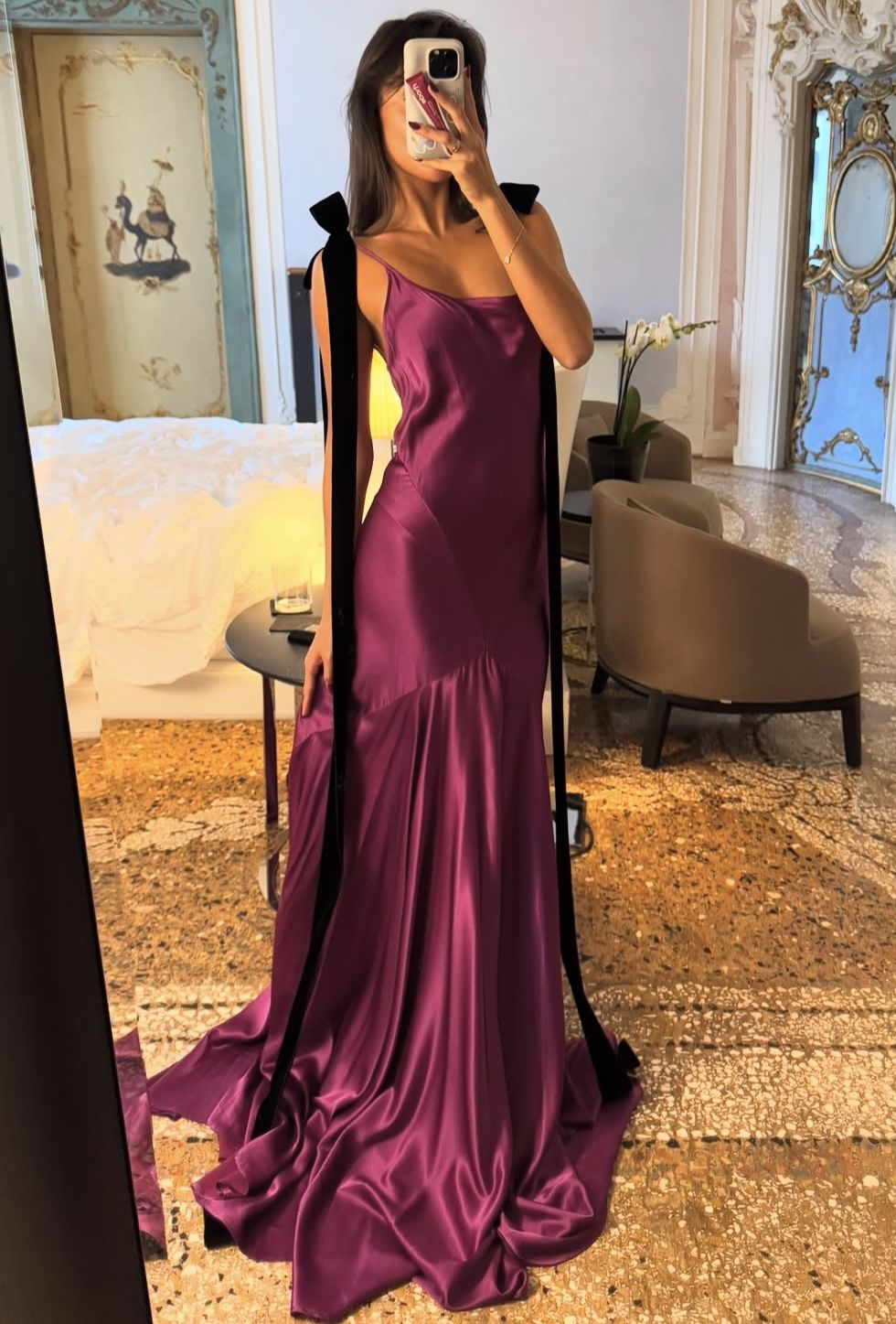 Elegant Purple Spaghetti Straps Satin Mermaid Long Evening Dress Wedding Guest Dress
