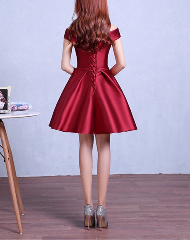 Burgundy homecoming dress,off the shoulder short cocktail dress,satin gowns