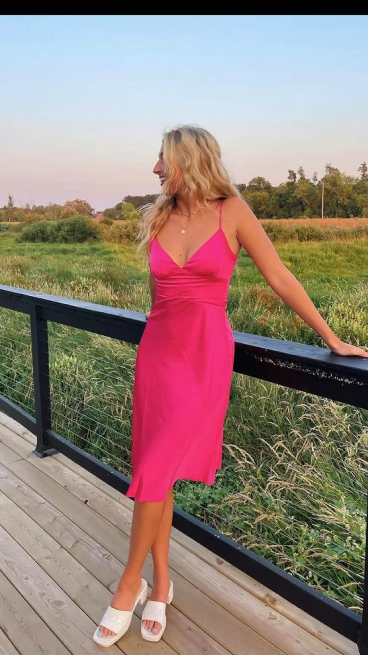 Spaghetti Straps Simple Kneen-length Prom Dress Hot Pink Formal Dress