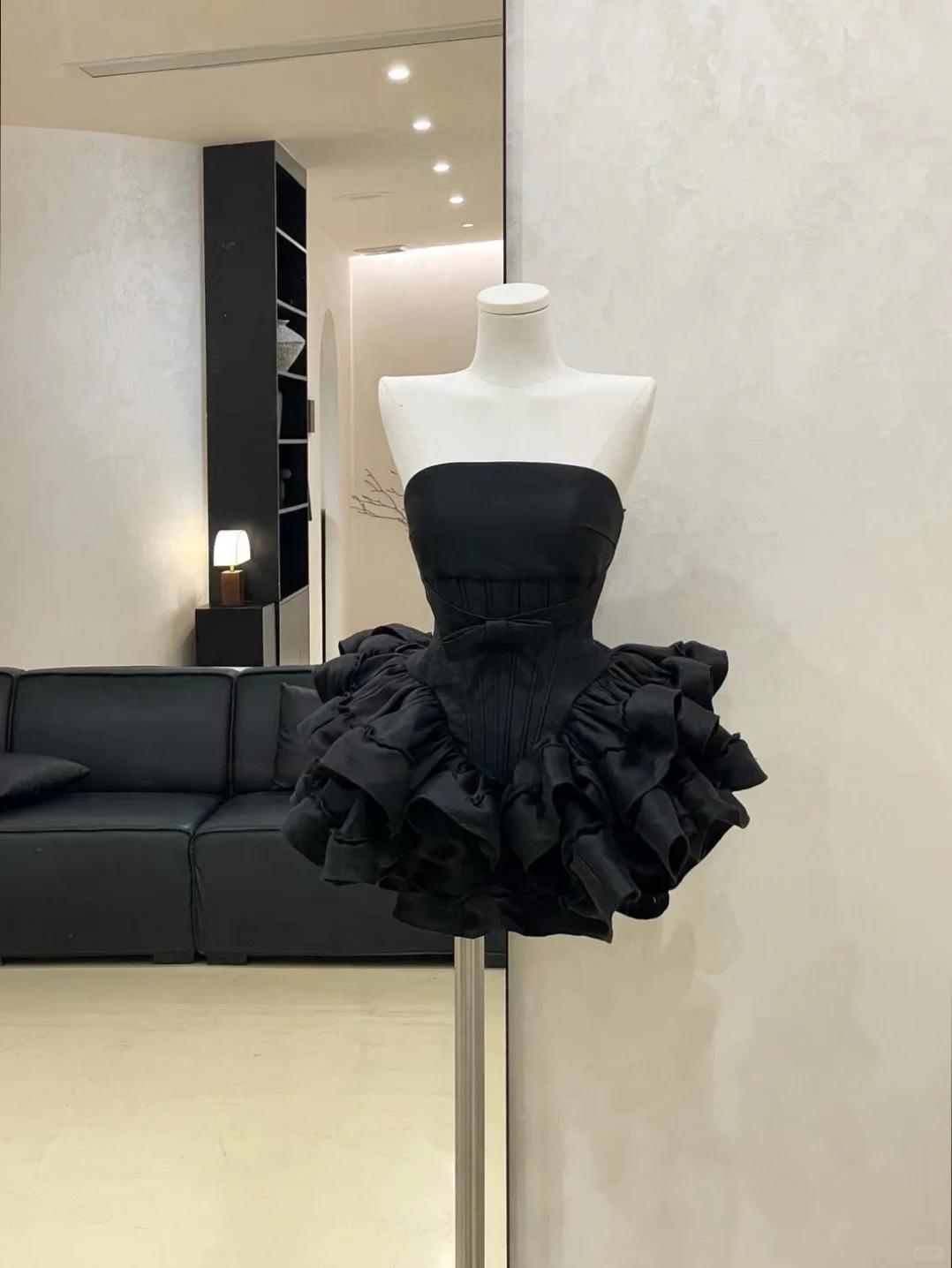 Classy Strapless Satin Ruffles Pleated Short Party Dress Black Homecoming Dress
