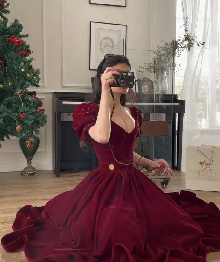 Dark Red Velvet V Neck Short Puff Sleeve Beaded A Line Floor Length Evening Dress