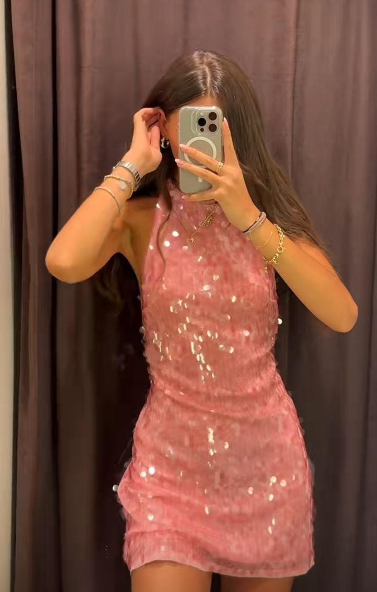 Elegant Pink Halter Sleeveless Sequin Short Party Dress Birthday Outfits
