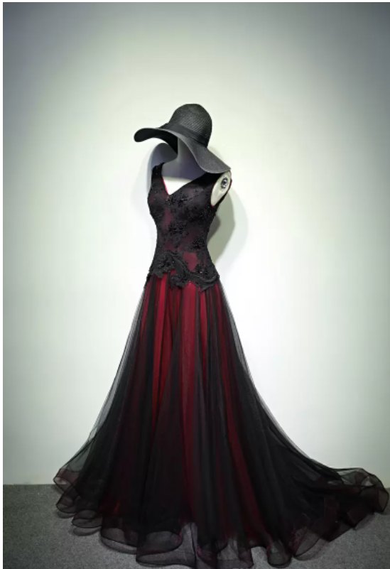 Gorgeous Black And Red V-Neckline Tulle Beaded Prom Dress, Long Evening Gown