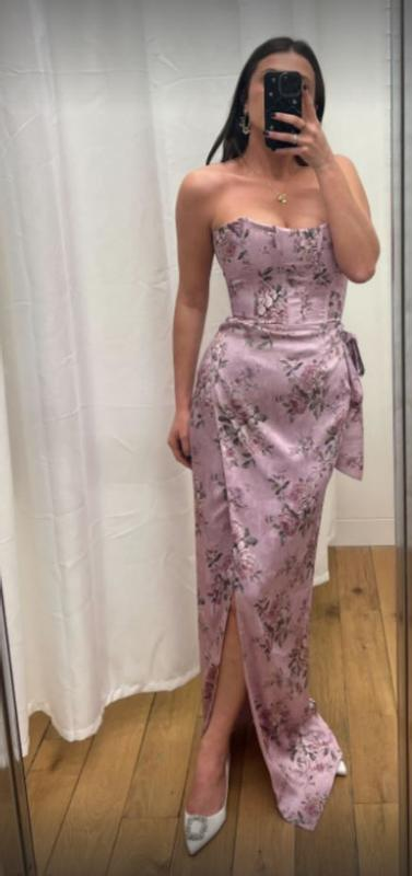 Fuchsia Printed Corset Front-Slit Satin Sheath Prom Dress,Formal Party Evening Dress