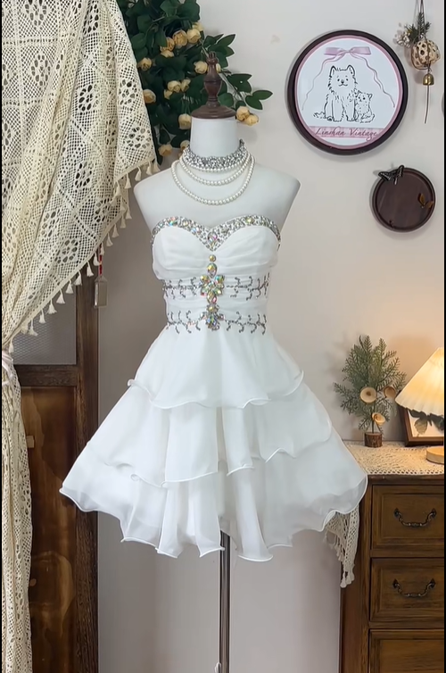 White Strapless Layered Chiffon Beaded Birthday Dress Elegant A Line Homecoming Dress