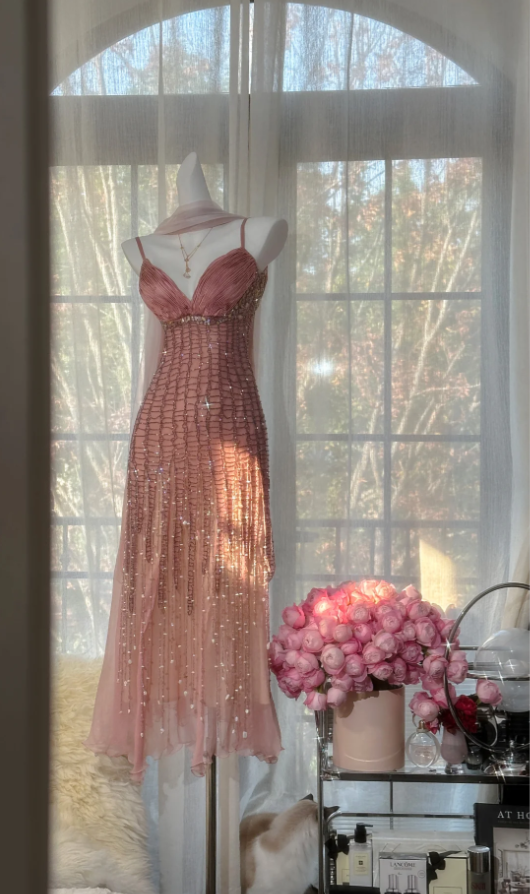 Pretty Spaghetti Straps Pink Chiffon Beaded Mermaid Long Wedding Guest Dress Pink Birthday Prom Dress Party Dress