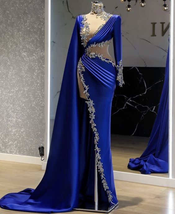 royal blue prom dresses, high neck prom dresses, Women Evening Dress Long Sleeve Blue Lace Appliques High Slit Arabic Style Prom Dress