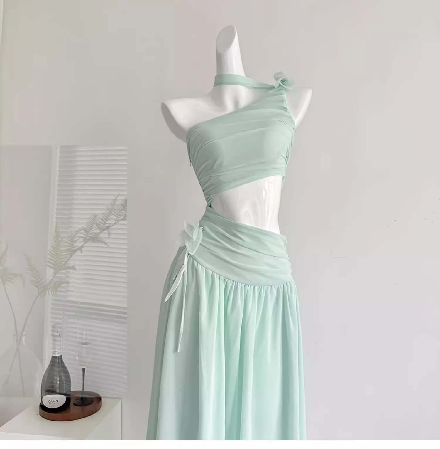 Sexy Mint Green One Shoulder Chiffon Vacation Dress Birthday Dress