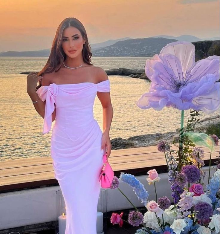 Elegant Pink Off The Shoulder Sheath Long Prom Dress Evening Dress
