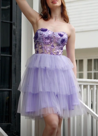 Elegant Lilac Tulle Strapless A Line Short Prom Dress Formal 6th Grade Homecoming Dress