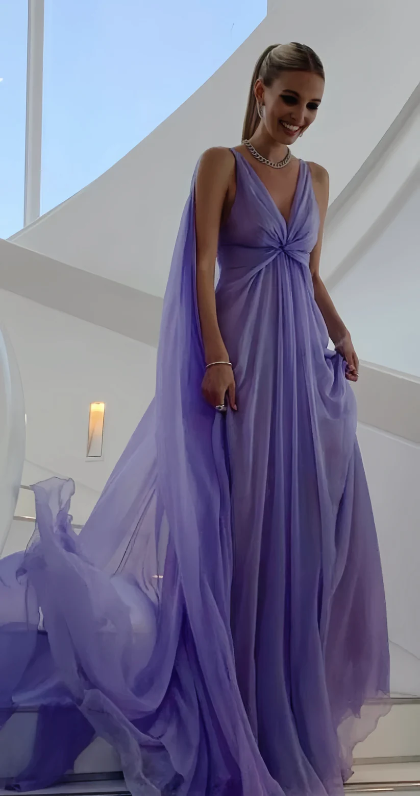 Sexy V Neck Lilac Tulle Prom Dress Long Party Evening Gown
