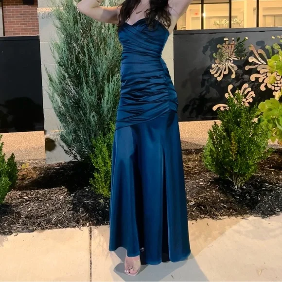Navy Blue Strapless Satin Ruched Mermaid Evening Dress,Formal Prom Dress