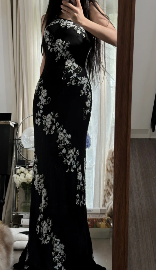 Classy One Shoulder Black Chiffon Beaded Mermaid Long Party Dress Evening Gown