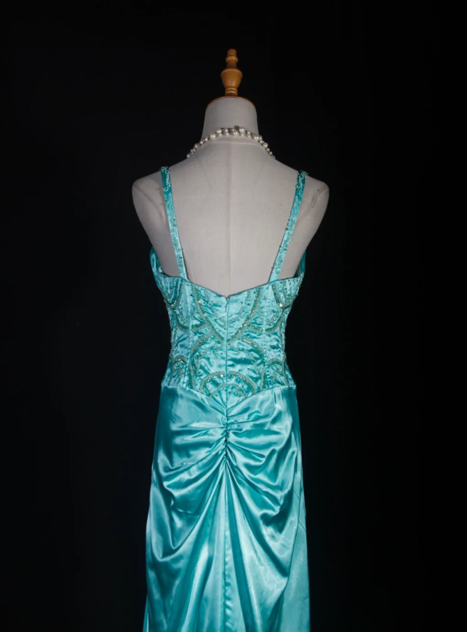 Classy V Neck Green Satin Beaded Mermaid Evening Dress Long Birthday Party Dress