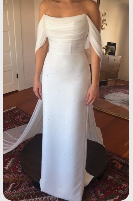 White elegant wedding dress charming prom dress off the shoulder