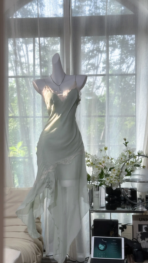 Sexy Light Green Chiffon Lace Pleated Mermaid Long Party Dress Prom Dresses