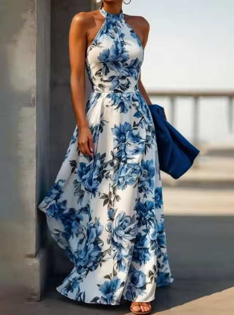Vintage Satin Print Floral Sleeveless Party Evening Dress,Blue A Line Prom Dress