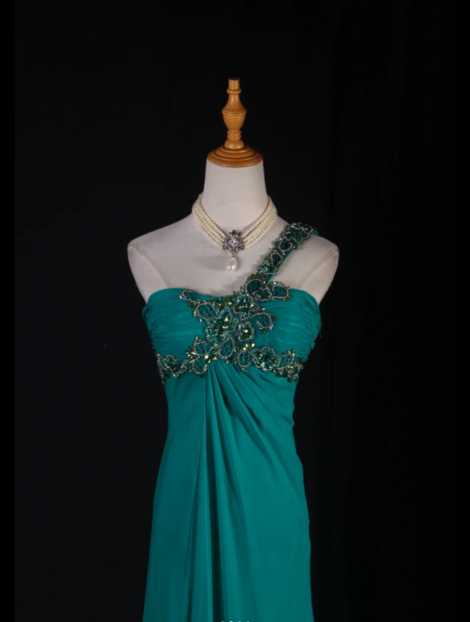 Unique One Shoulder Green Beaded Chiffon Mermaid Long Party Dress Formal Wedding Guest Dress